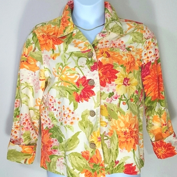 Jacket Blazer Cotton Denim Floral Print Orange Yellow On White Collar Bohemian - Picture 1 of 10